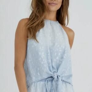 Bella Dahl Tie Front Halter Top Animal Spot Denim Blue S